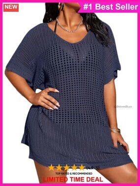 Plus Size 100% Acrylic Hollow Out Beach Swim Cover Up Short Sleeve V-Neck